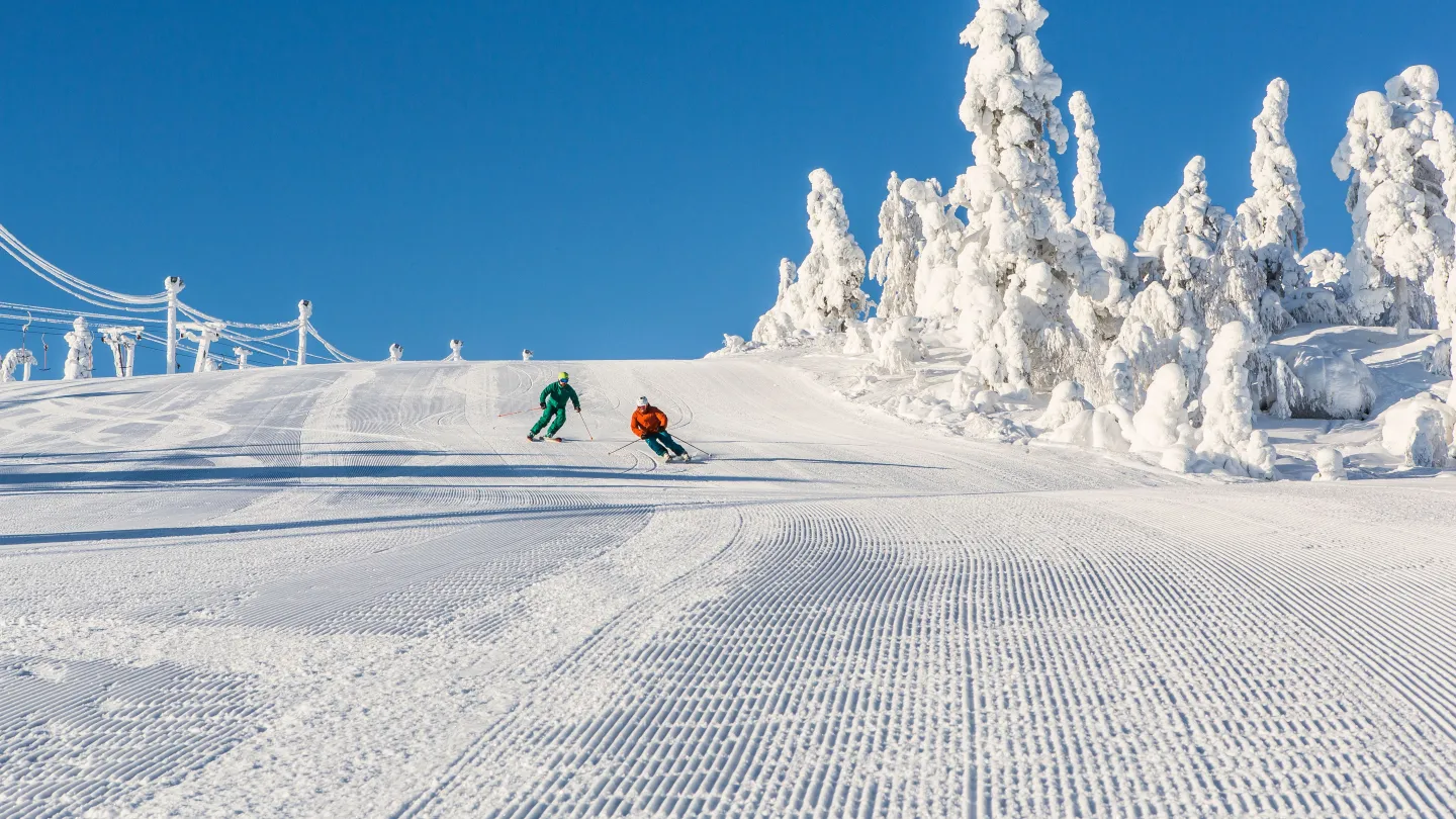 Laskettelijoita eturinteessä